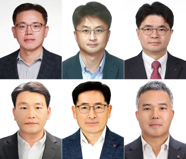 LG화학는 21일 부사장 승진 2명, 전무 승진 4명, 상무 신규 선임 7명 등의 2025년 정기 임원인사를 실시했다. 위 왼쪽부터 시계 방향으로 김동춘 부사장, 장기룡 부사장, 김노마 전무, 이지웅 전무, 박기순 전무, 김호근 전무. (사진=LG화학)copyright 데일리중앙